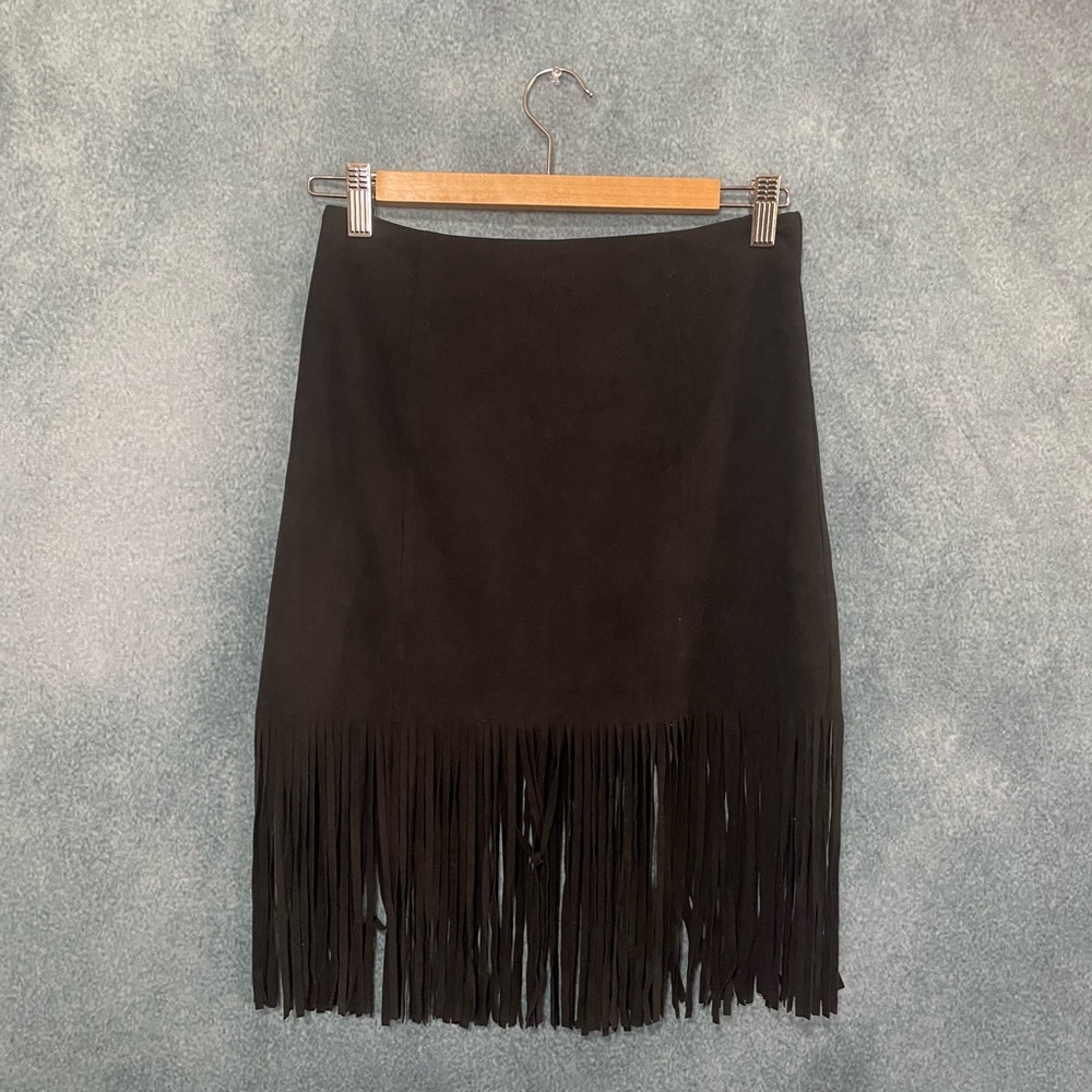 Lightweight Faux-Suede Fringe Skirt